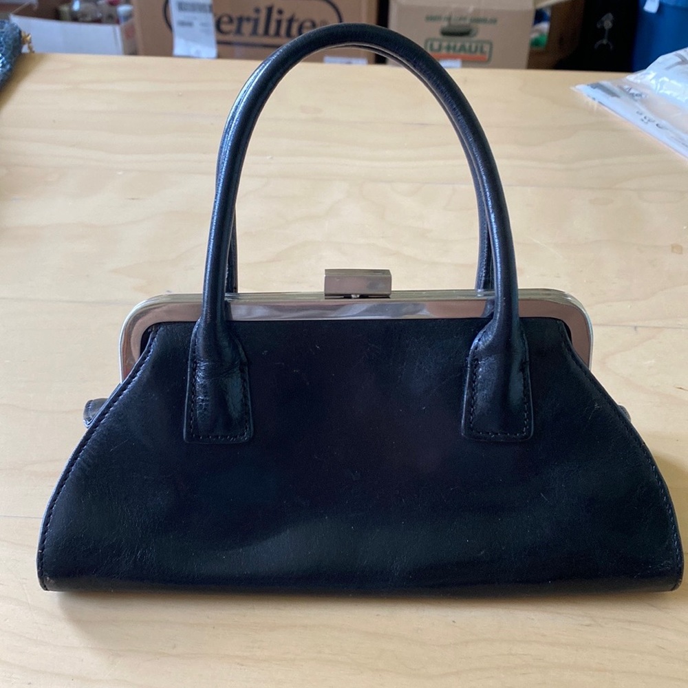 HOBO International Black Leather Kiss Lock Top Handle Handbag
